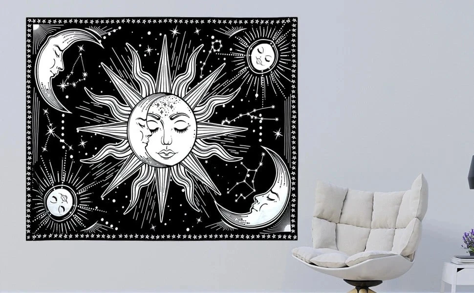 Tapisserie murale Soleil et Lune, noir et blanc, 150 x 128 cm